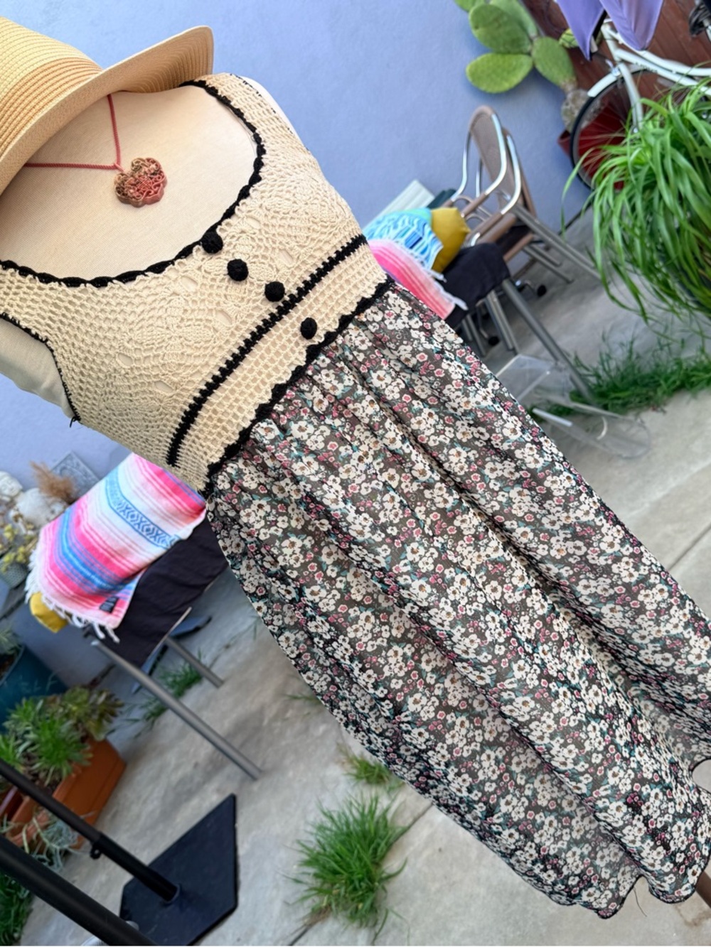 Authentic Original Vintage Style Beige Crochet-Top Floral Midi Dress
